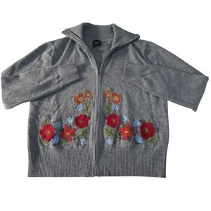 Cliche Embroidered‎ Floral Gray Full Zip Cardigan Sweater Womens XL Cottagecore